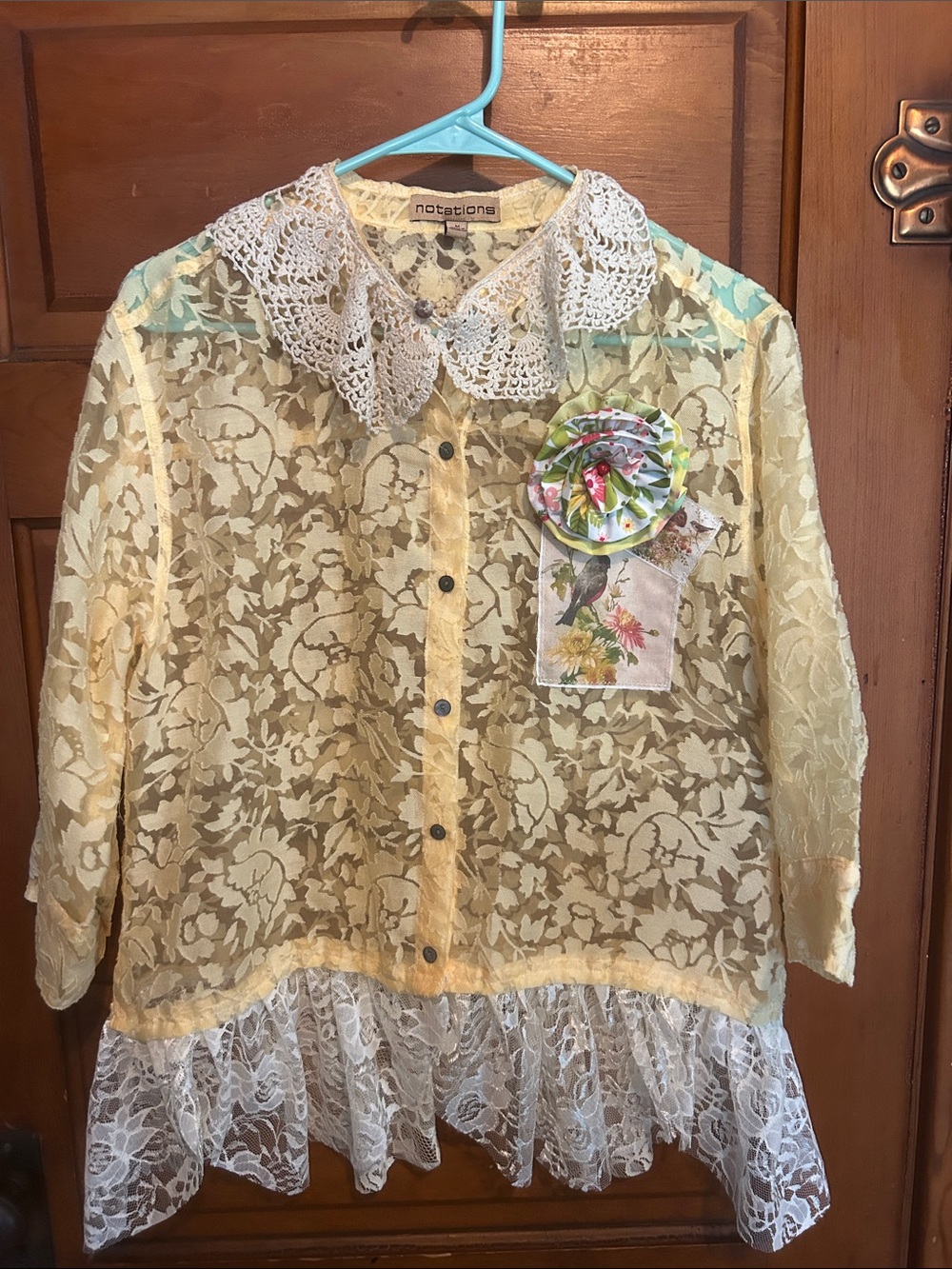 Notations Pale Yellow Lace Button-Front Sheer Top with White Crochet Collar